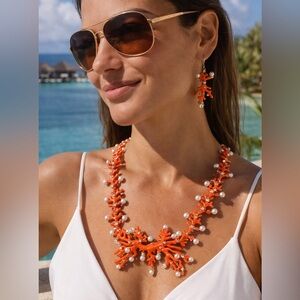 Hutton Wilkinson Enamel Coral Branch Necklace & Earrings Set